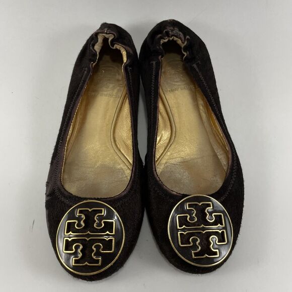 Tory Burch Reva Brown Gold Animal Fur Ballet Flat Womens Size 5 Slip On Ballet - Picture 2 of 9